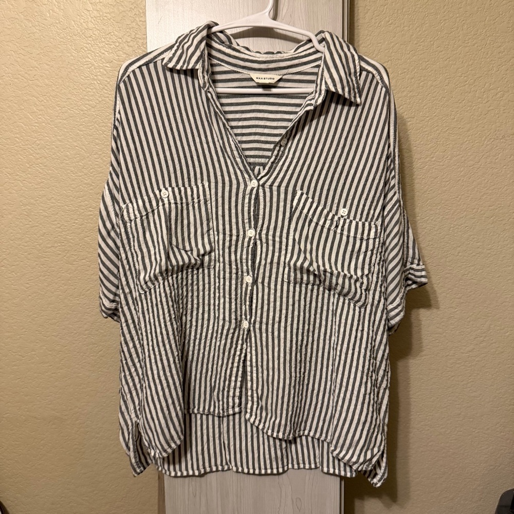 Max Studio Gray and White Striped Button Down Shirt